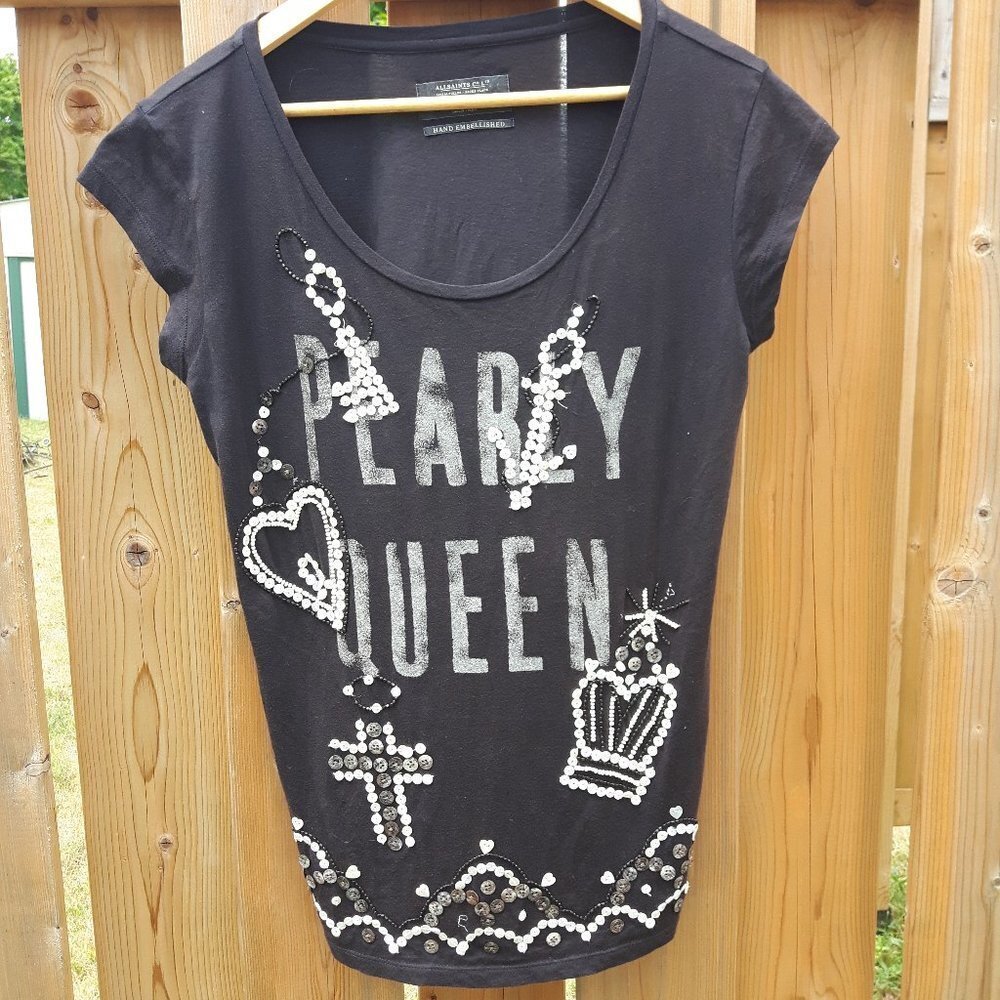 All Saints Black Pearly Queen Embellished Short Sleeve Tee
